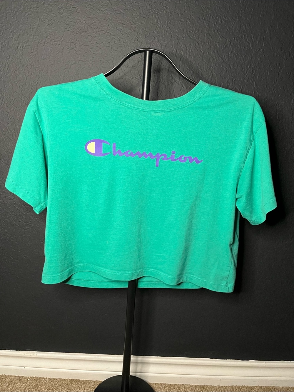 Champion Teal Cropped Logo T-Shirt with Purple & Yellow Accents